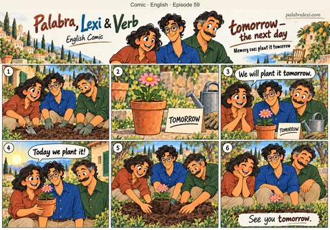 English comic, episode 59: tomorrow — the next day. Palabra, Lexi and Verb prepare a flower bed and agree to plant a pink flower tomorrow. The next day they return and plant it.