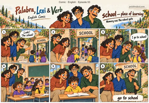 English comic, episode 53: school — place of learning. Palabra, Lexi and Verb visit a school, meet pupils at the gate and help a pupil with his notebook.
