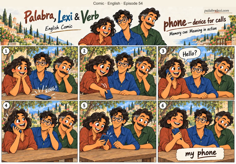 English comic, episode 54: phone — device for calls. A blue phone rings on the table; Palabra picks it up, answers the call and shows it to her friends.