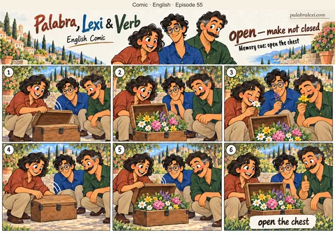 English comic, episode 55: open — make not closed. Palabra, Lexi and Verb open a wooden chest of flowers, smell the flowers, close the lid and open it again.
