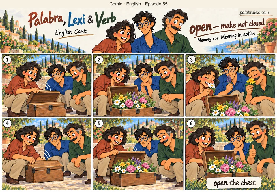 English comic, episode 55: open — make not closed. Palabra, Lexi and Verb open a wooden chest of flowers, smell the flowers, close the lid and open it again.