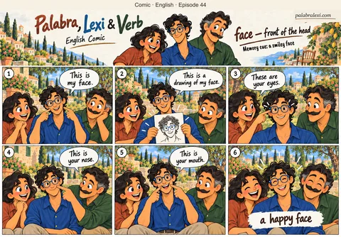 English comic, episode 44: face — front of the head. The friends look at a self-portrait, point to the eyes, nose and mouth, then smile together.