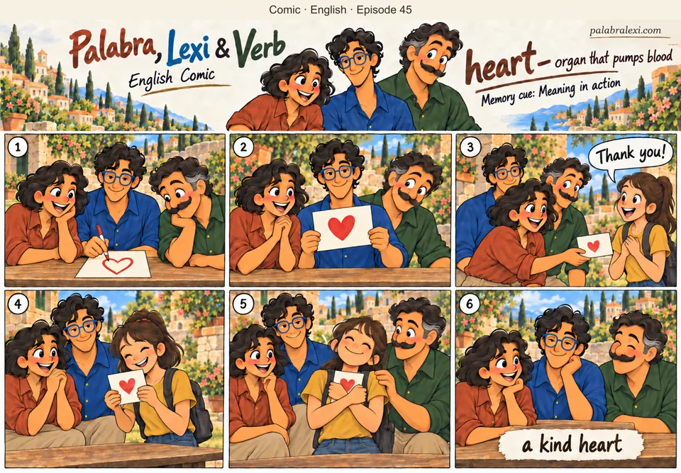 English comic, episode 45: heart — organ that pumps blood. Palabra, Lexi and Verb draw a red heart with decorative rays on a postcard, write a warm message and give the finished card to a neighbour.