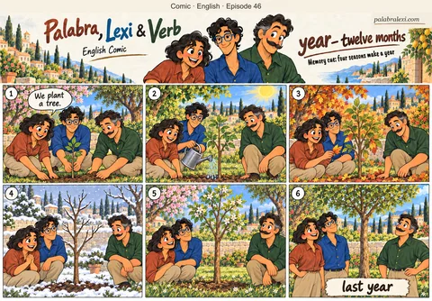 English comic, episode 46: year — twelve months. The trio plant a tree, water it in summer, observe autumn leaves and winter branches, see spring blossom and later recall planting it last year.