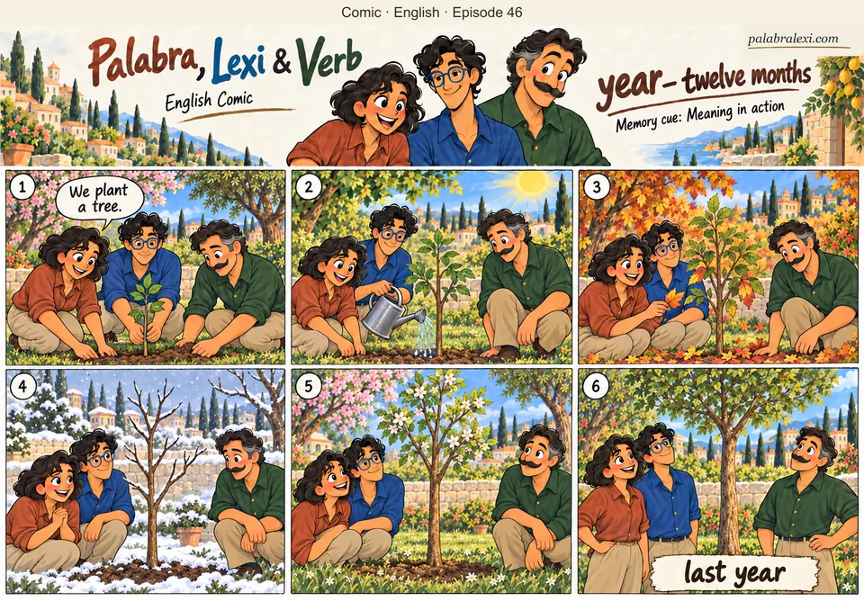 English comic, episode 46: year — twelve months. The trio plant a tree, water it in summer, observe autumn leaves and winter branches, see spring blossom and later recall planting it last year.