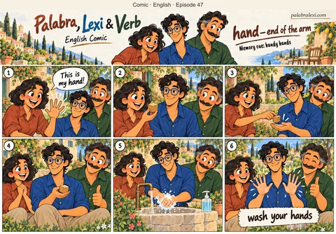 English comic, episode 47: hand — end of the arm. Palabra shows her hand, passes a wooden block to Lexi, and Lexi washes his hands before showing both clean palms.