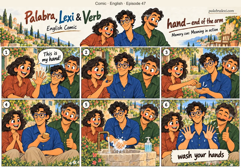 English comic, episode 47: hand — end of the arm. Palabra shows her hand, passes a wooden block to Lexi, and Lexi washes his hands before showing both clean palms.
