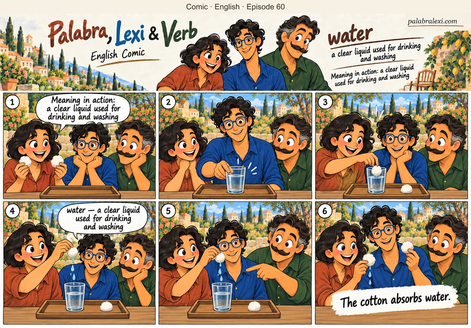 English comic, episode 60: water — clear liquid to drink. Palabra dips a piece of cotton into water. Lexi and Verb notice how it absorbs the water and becomes wet.