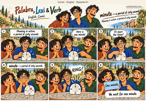 English comic, episode 61: minute — sixty seconds. Lexi starts a timer for one minute. The friends watch it, wait sixty seconds and hear its bell.