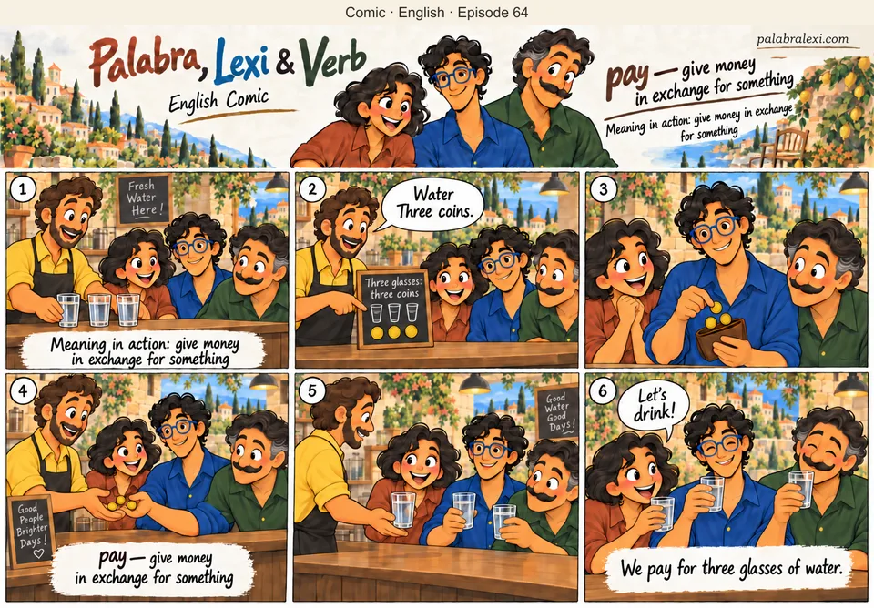 English comic, episode 64: pay — give money for. The friends pay for three glasses of water. Once the seller receives the coins, they enjoy their drinks.