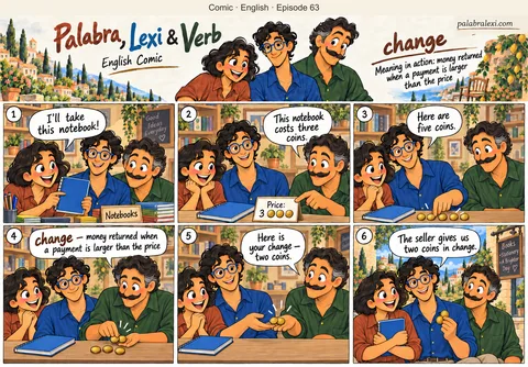 English comic, episode 63: change — money given back. Lexi buys a notebook costing three coins and pays with five. The seller returns two coins as change.