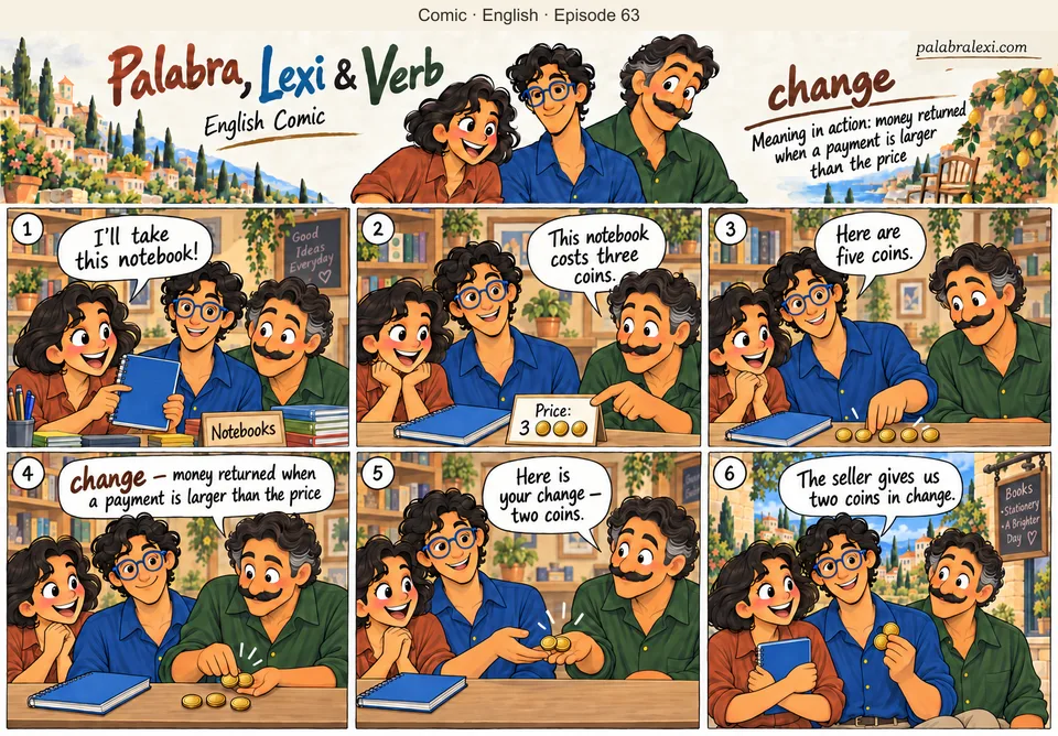 English comic, episode 63: change — money given back. Lexi buys a notebook costing three coins and pays with five. The seller returns two coins as change.