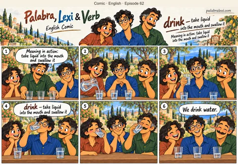 English comic, episode 62: drink — take liquid. Palabra pours water into three glasses. The friends each lift their own glass and drink water.