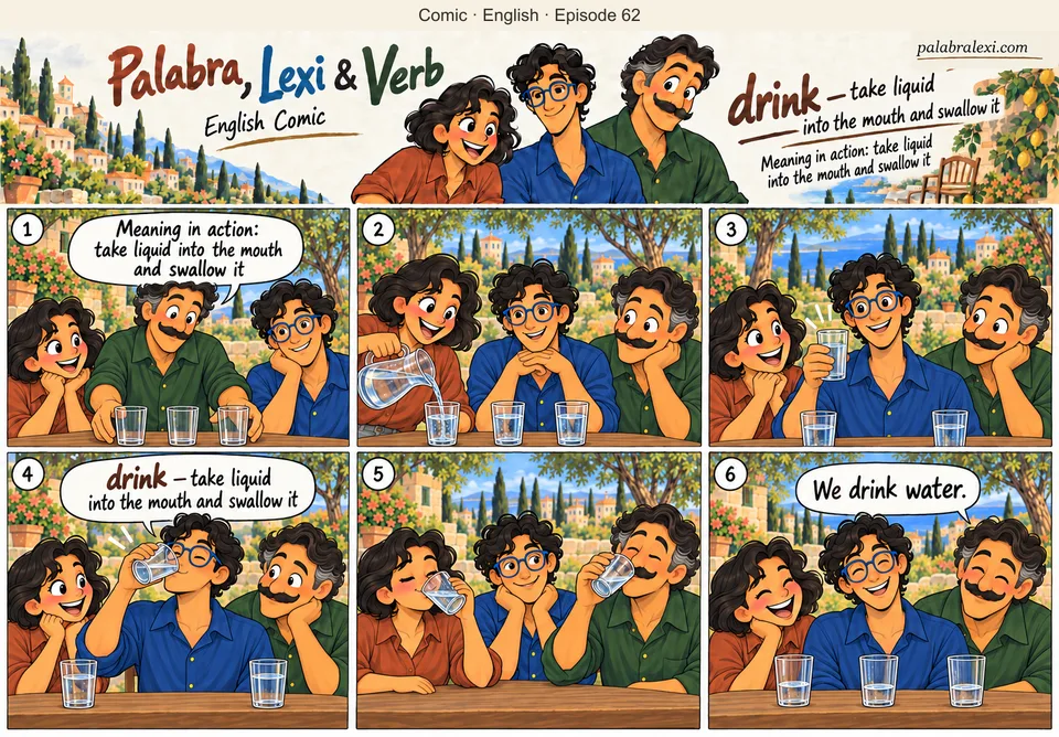 English comic, episode 62: drink — take liquid. Palabra pours water into three glasses. The friends each lift their own glass and drink water.