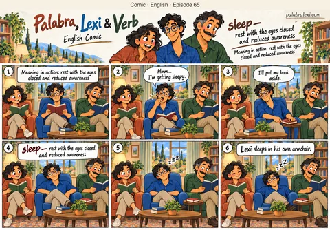 English comic, episode 65: sleep — rest at night. Lexi grows sleepy while reading. He puts his book aside and sleeps in his own armchair while Palabra and Verb read quietly nearby.