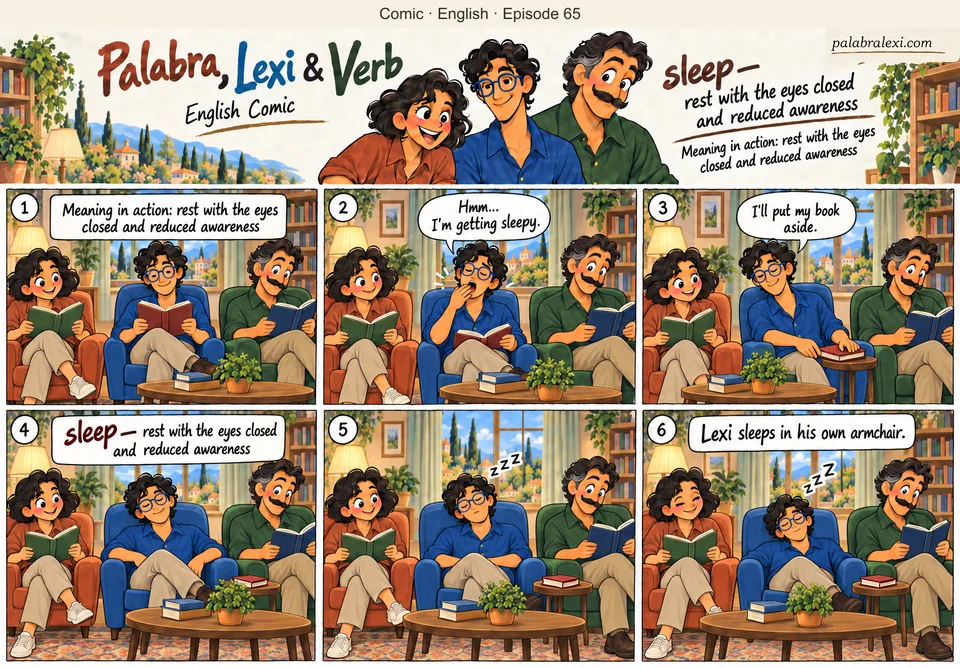 English comic, episode 65: sleep — rest at night. Lexi grows sleepy while reading. He puts his book aside and sleeps in his own armchair while Palabra and Verb read quietly nearby.