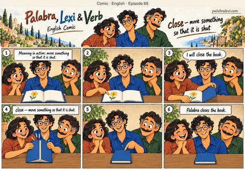 English comic, episode 69: close — shut. Palabra and her friends look at an open blue book. Palabra closes it, and the friends see its blue cover.