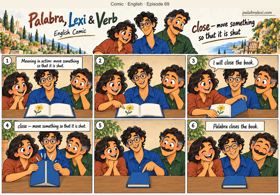 English comic, episode 69: close — shut. Palabra and her friends look at an open blue book. Palabra closes it, and the friends see its blue cover.