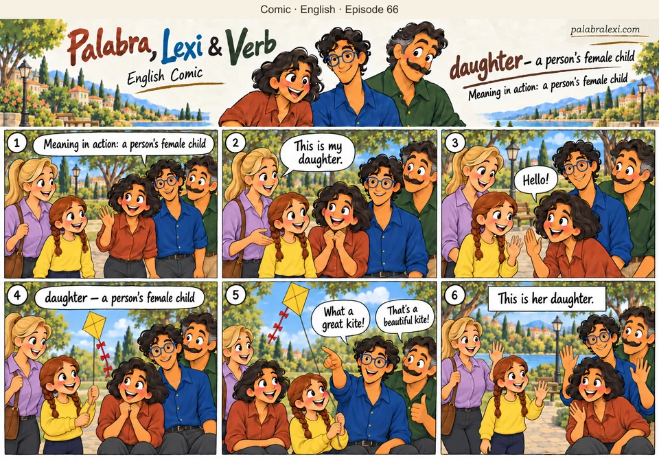 English comic, episode 66: daughter — female child. The friends meet a mother and her daughter in the park. The mother introduces her daughter, and the girl shows them a yellow kite.