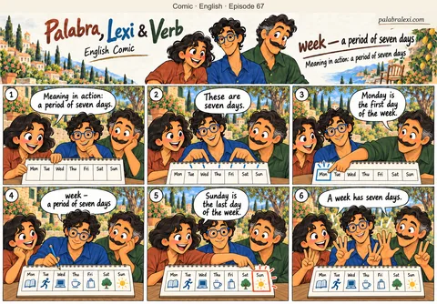 English comic, episode 67: week — seven days. The friends plan their week on a calendar. Lexi marks seven days while Palabra and Verb help arrange their activities.