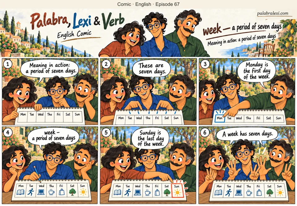 English comic, episode 67: week — seven days. The friends plan their week on a calendar. Lexi marks seven days while Palabra and Verb help arrange their activities.