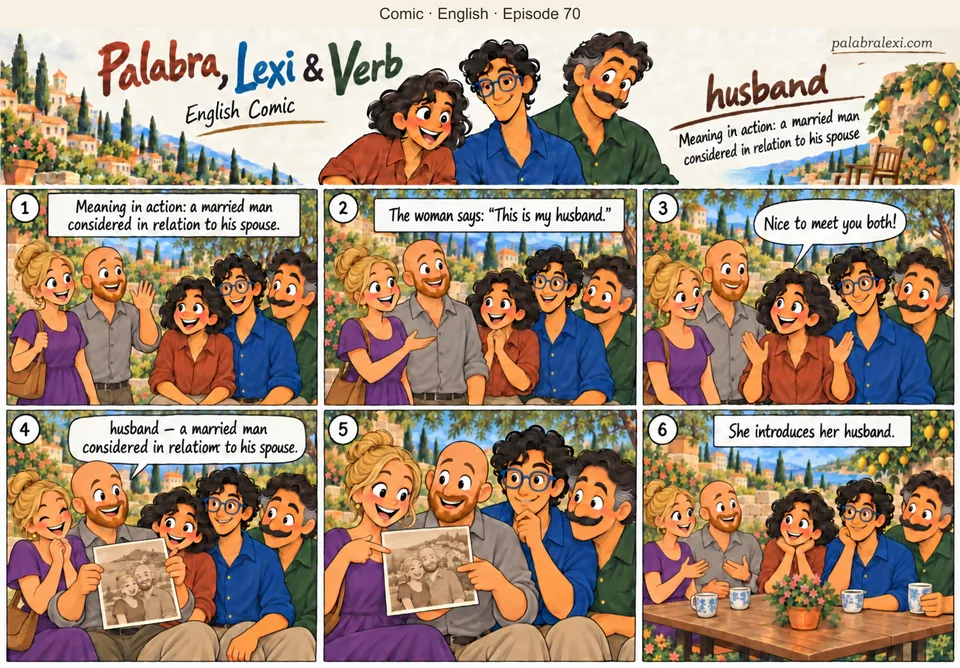 English comic, episode 70: husband — married man. In the garden, a visitor introduces her husband to the friends. The couple show a photo from their trip and talk with Palabra, Lexi and Verb.