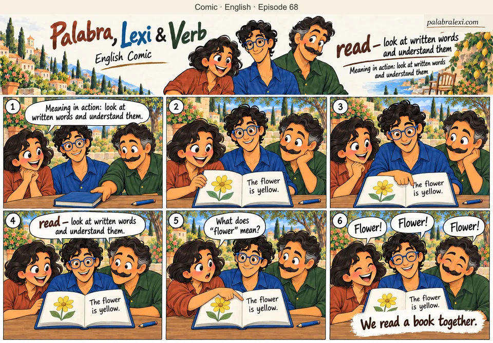 English comic, episode 68: read — look at words. The friends open a book, follow the words on the page and read together. Palabra points to an unfamiliar word, and Lexi and Verb help her read it.