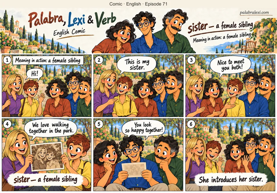 English comic, episode 71: sister — female sibling. The friends meet two sisters. The older sister introduces the younger one, shows their family photo and talks about their walks in the park.