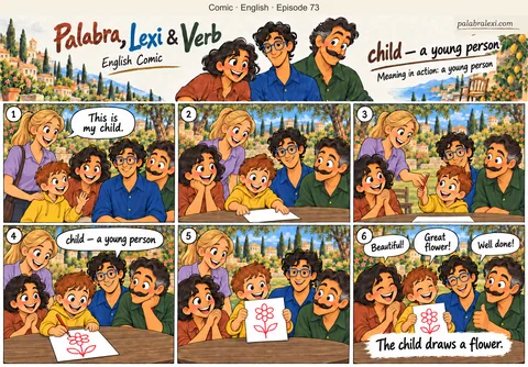 English comic, episode 73: child — young person. The friends meet a child and the child's mother in the park. The child draws a flower, shows the drawing to Palabra, Lexi and Verb and receives kind praise.
