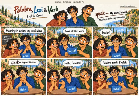 English comic, episode 72: speak — say words. Palabra begins speaking English. Lexi and Verb listen, answer and continue the friendly conversation.