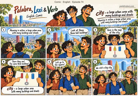 English comic, episode 74: city — large town. The friends visit a big city. They look at streets and tall buildings, compare them with a map and find the town square.