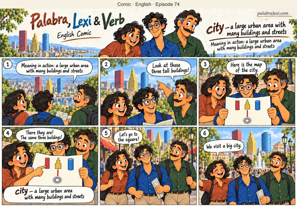 English comic, episode 74: city — large town. The friends visit a big city. They look at streets and tall buildings, compare them with a map and find the town square.