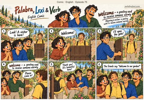 English comic, episode 75: welcome — greeting to a guest. A visitor arrives at the garden gate. Palabra, Lexi and Verb welcome the visitor, open the gate and invite them into the garden.