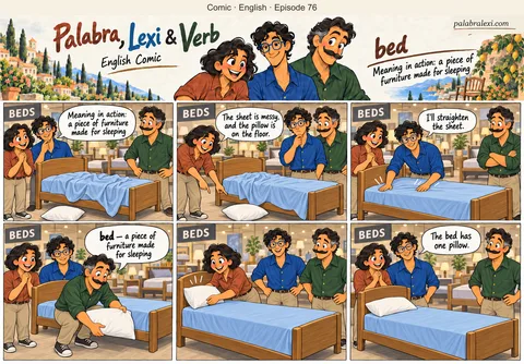 English comic, episode 76: bed — furniture for sleeping. The friends find a shop bed with a crumpled sheet and a pillow on the floor. They straighten the sheet and place the pillow neatly on the bed.