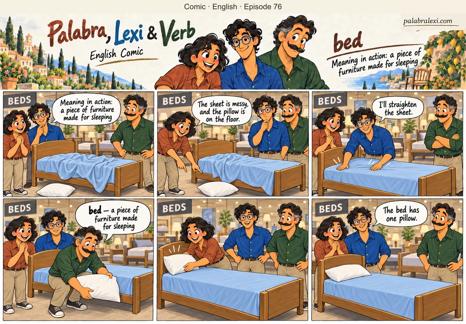 English comic, episode 76: bed — furniture for sleeping. The friends find a shop bed with a crumpled sheet and a pillow on the floor. They straighten the sheet and place the pillow neatly on the bed.
