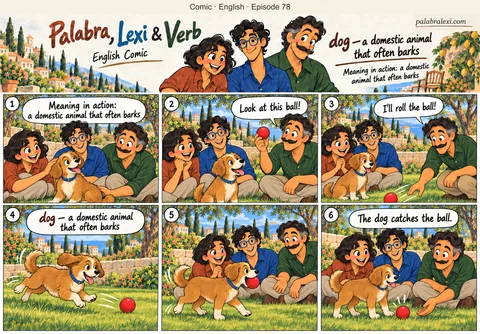 English comic, episode 78: dog — pet that barks. Verb rolls a red ball along the grass. The dog runs after it, catches it and brings it to the friends.