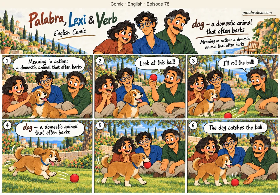 English comic, episode 78: dog — pet that barks. Verb rolls a red ball along the grass. The dog runs after it, catches it and brings it to the friends.