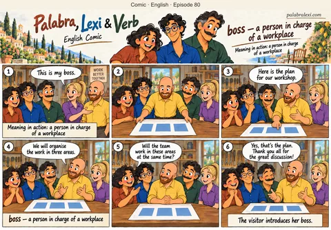 English comic, episode 80: boss — person in charge. An employee introduces the friends to her boss. The boss shows a workshop plan, answers questions and calmly discusses work with the team.