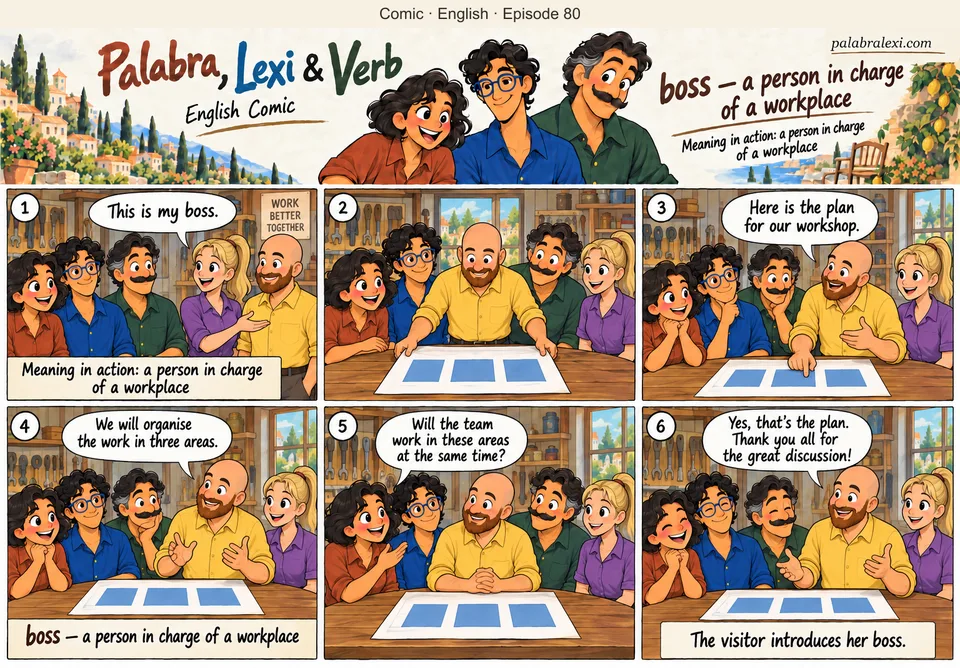 English comic, episode 80: boss — person in charge. An employee introduces the friends to her boss. The boss shows a workshop plan, answers questions and calmly discusses work with the team.