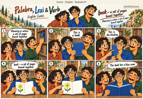 English comic, episode 81: book — pages bound together. Verb shows a book with a blue cover. The friends examine its binding, open the pages and read the book together.