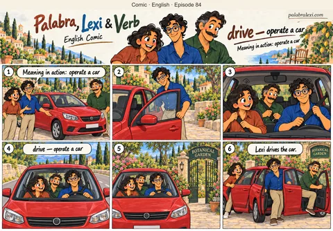 English comic, episode 84: drive — operate a car. Lexi gets behind the wheel of a red car. Palabra and Verb take the passenger seats, and Lexi calmly drives them to the garden.