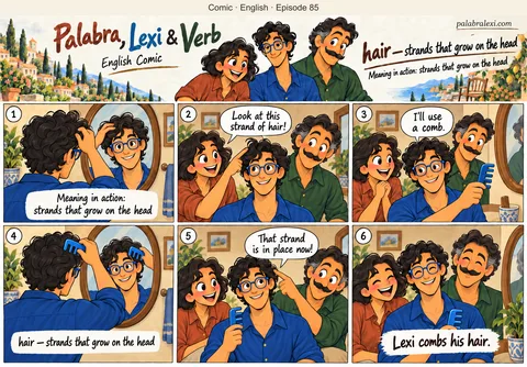 English comic, episode 85: hair — grows on the head. Lexi looks in a mirror and gently combs his hair. Palabra and Verb notice a strand and help him check his hairstyle.
