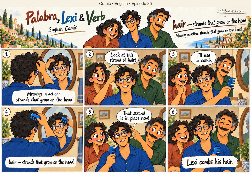 English comic, episode 85: hair — grows on the head. Lexi looks in a mirror and gently combs his hair. Palabra and Verb notice a strand and help him check his hairstyle.