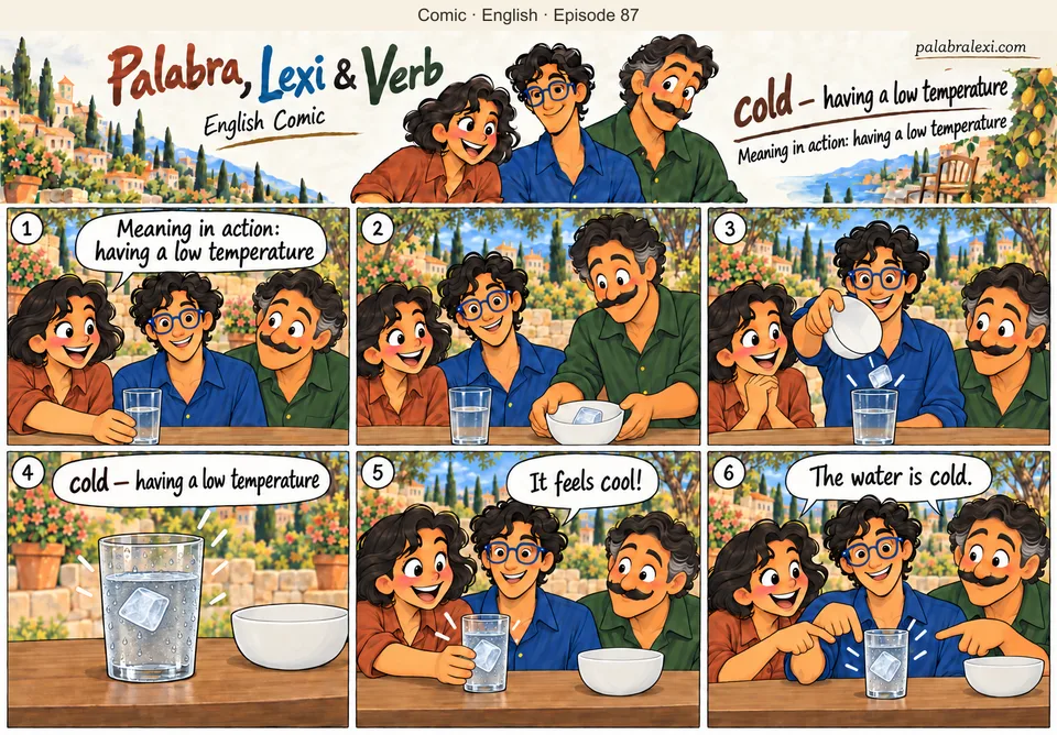 English comic, episode 87: cold — low temperature. Lexi puts three ice cubes into a glass of water. Cool droplets form on the glass, and the friends notice that the water is cold.