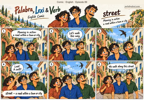 English comic, episode 89: street — road in a town. The friends walk along a street between houses. A swift flies overhead, and Palabra points it out to Lexi and Verb.