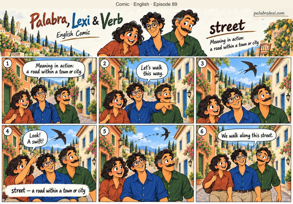 English comic, episode 89: street — road in a town. The friends walk along a street between houses. A swift flies overhead, and Palabra points it out to Lexi and Verb.