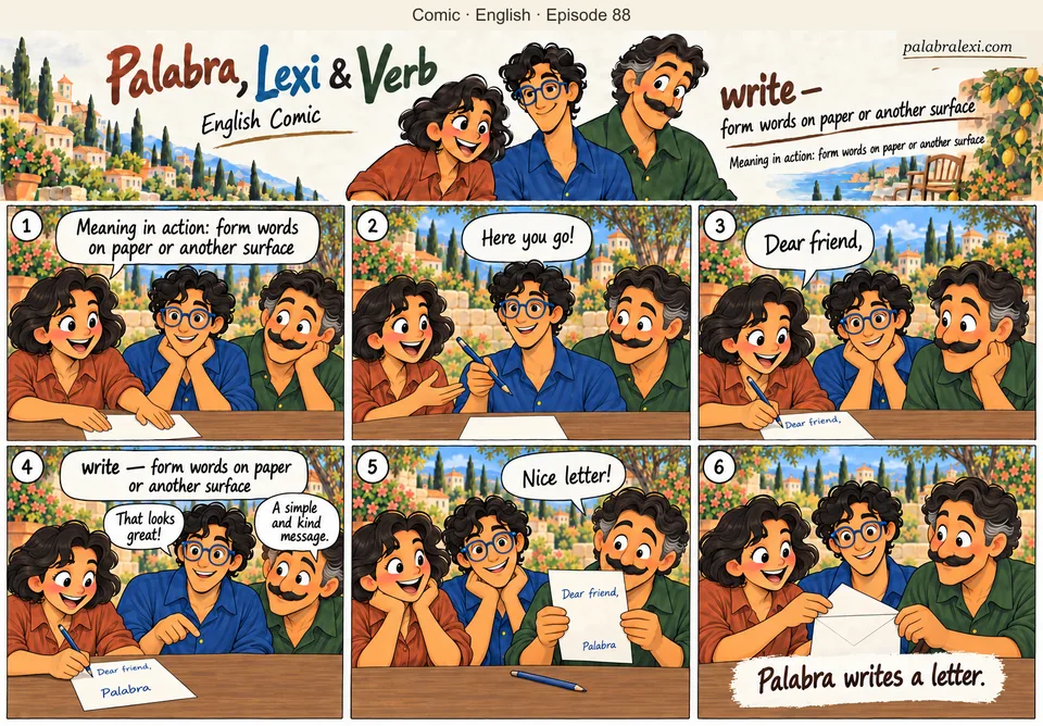 English comic, episode 88: write — put words on paper. Palabra writes a letter to a friend. Lexi helps choose the words, Verb reads the finished letter, and all three put it in an envelope.
