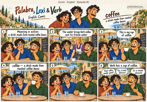English comic, episode 90: coffee — hot dark drink. A waiter brings Verb a cup of coffee. Palabra and Lexi look at the dark drink, and Verb takes a small sip while talking with his friends.