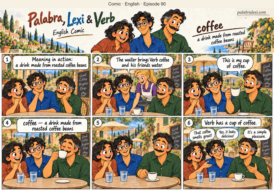 English comic, episode 90: coffee — hot dark drink. A waiter brings Verb a cup of coffee. Palabra and Lexi look at the dark drink, and Verb takes a small sip while talking with his friends.