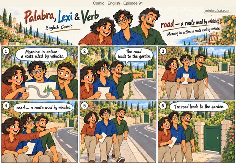 English comic, episode 91: road — way for vehicles. The friends find the road to the garden on a map. They walk on the pavement beside this road and reach the garden gate.